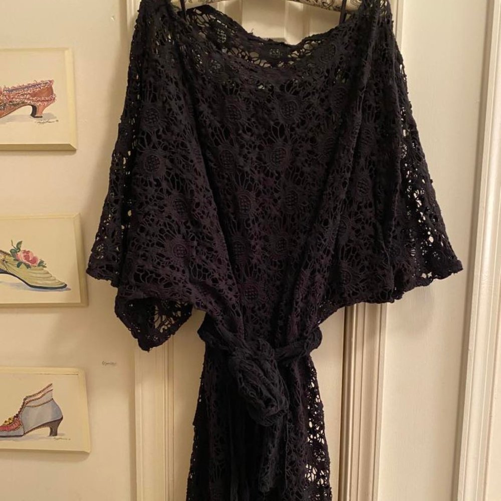 Crochet Dress Black, Angel Sleeves, Matching Tie Belt, Black Slip